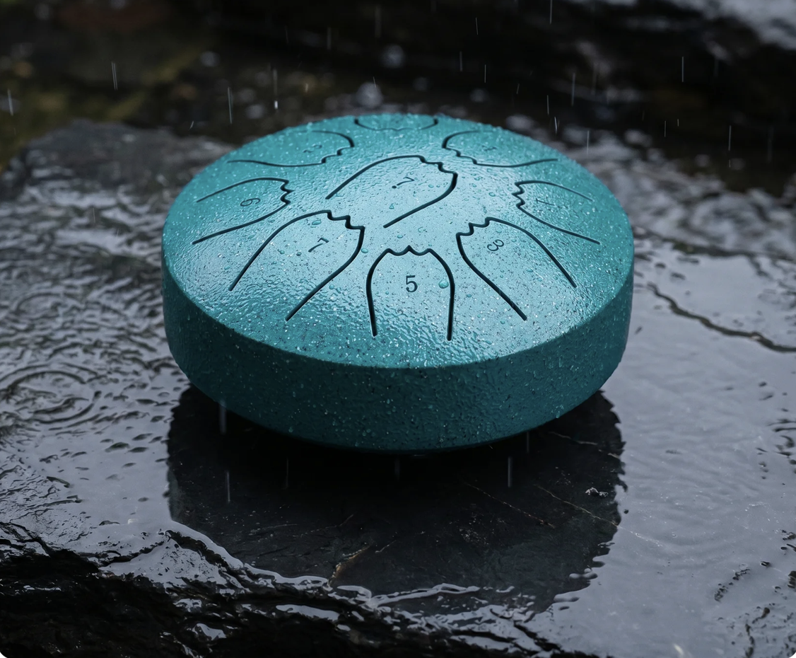 Blue metal rain drum sitting out on a patio